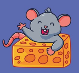 cute mouse greeting inside the cheese. isolated cartoon animal illustration vector