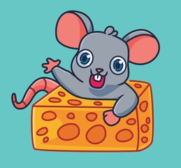 cute cartoon mouse greeting inside the cheese hole. isolated cartoon animal illustration vector