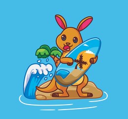 cute cartoon kangaroo summer surfing beach. isolated cartoon animal illustration vector