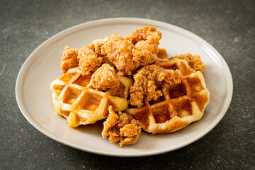fried chicken waffle with honey or maple syrup