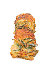 Pajeon or Korean pancake and Korean Kimchi pancake or Kimchijeon on white background