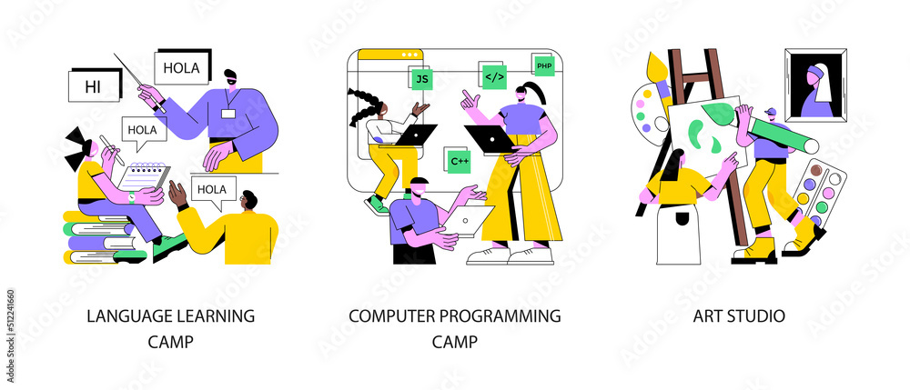 Poster gain knowledge and skills abstract concept vector illustration set. language learning and computer p