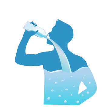 Man drinking water from bottle flow into body. hydration Illustration