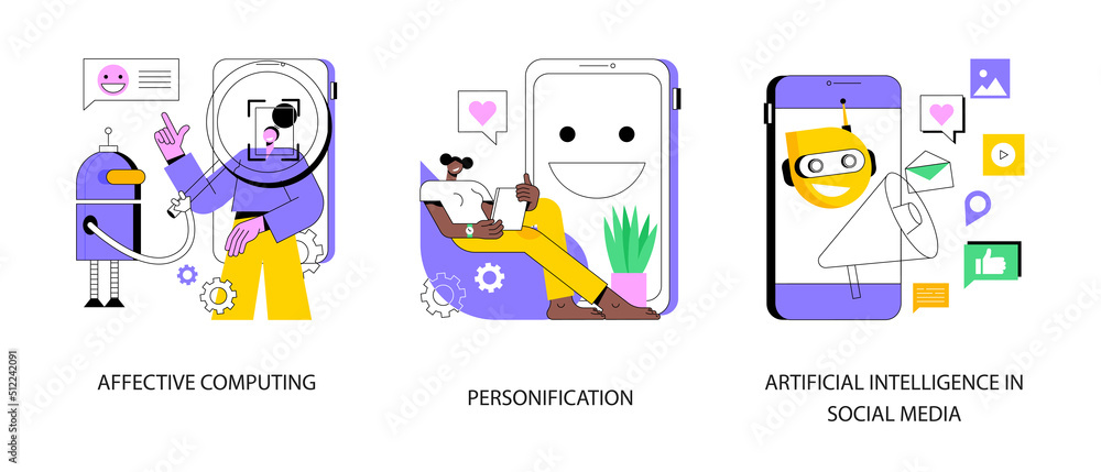 Poster interactive device abstract concept vector illustration set. affective computing, personification de