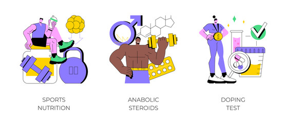 Sport drugs abstract concept vector illustration set. Sports nutrition, anabolic steroids, doping test, protein cocktail, muscle mass, athletic performance, laboratory analysis abstract metaphor. - obrazy, fototapety, plakaty
