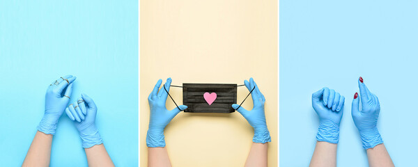 Set of female hands in medical gloves, with painted nails, golden rings and face mask on color...