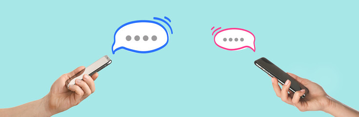 People with mobile phones chatting online against blue background