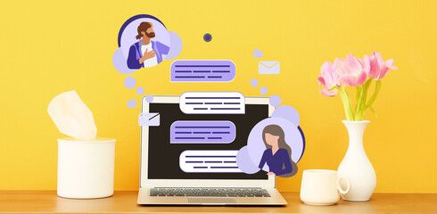 Modern laptop at workplace in office. Concept of online chatting