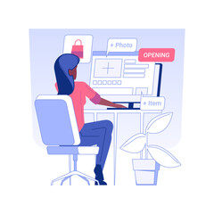 Creating online shop isolated concept vector illustration. Woman creates online store using e-commerce platform, business promotion, digital marketing, advertising agency vector concept.
