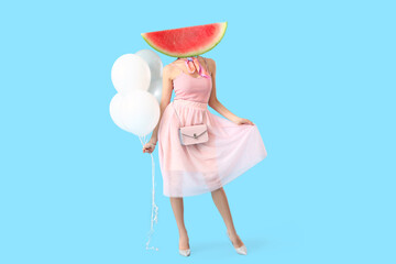 Beautiful woman with slice of ripe watermelon instead of her head on light blue background