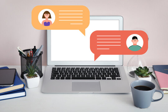 Modern laptop at workplace in office. Concept of online chatting