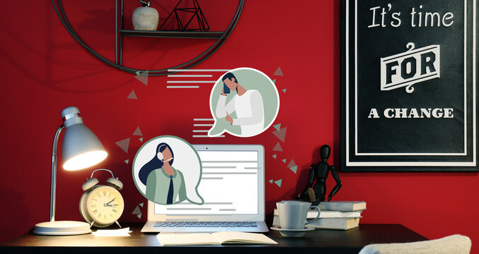 Modern laptop at workplace in office. Concept of online chatting