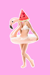 Woman with inflatable ring and ripe watermelon instead of her head on lilac background