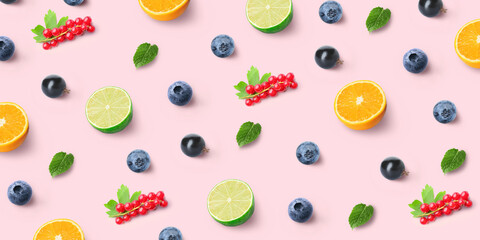 Citrus fruits, berries and mint on pink background. Pattern for design