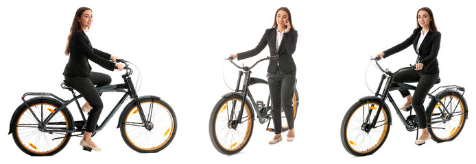 Set of young businesswoman with bicycle against white background
