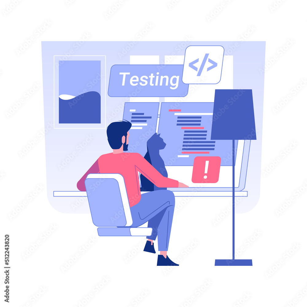 Poster software tester isolated concept vector illustration. man with cat tests software from home, it comp