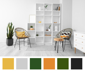 Interior of light room with big shelving unit and armchairs. Different color patterns