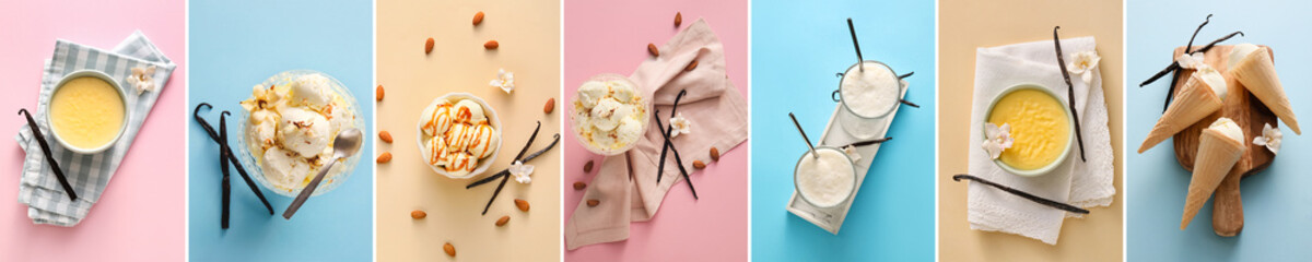 Set of delicious vanilla desserts on color background, top view - obrazy, fototapety, plakaty
