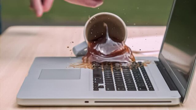 Title: Cup of coffee spilling on a laptop keyboard in slow motion; 4k 1000fps
