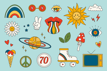 Retro 1960-1969 groovy set. Psychedelic groovy collection - chamomile, rainbow, mushroom, roller, and other. Hippie vector stickers set.