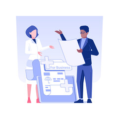 Health insurance for business owners isolated concept vector illustration. Businessman writing agreement about medical insurance, health protection, meeting with doctor vector concept.