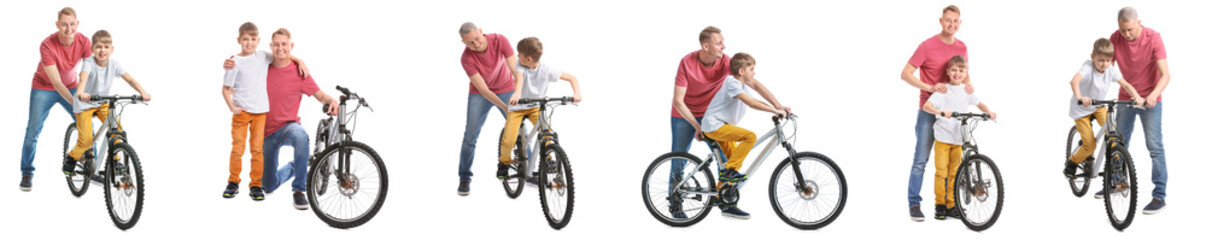 Obraz premium Set of little boy and his father with bicycle on white background