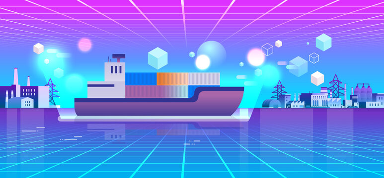 Neon Container Ship At Industrial Port View Through VR Glasses Logistic And Transportation Metaverse Virtual Reality Technology