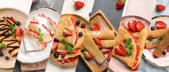Set of tasty thin pancakes with summer berries, top view