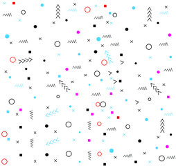 Abstract Geometric Memphis Seamless Pattern Background For Scrapbook. Abstract geometric background with different geometric shapes For Memphis style.