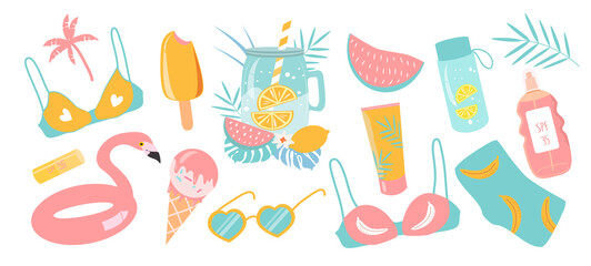 vector illustration in flat style. set of isolated elements on the theme of summer holidays - ice cream, swimwear, sunglasses, sunscreen, inflatable flamingo