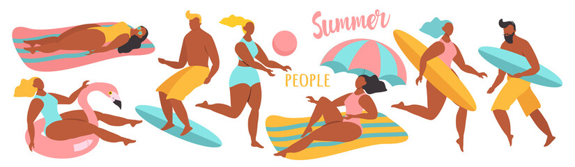 vector illustration in flat style - set of elements. various people on the beach - surfers, sunbathing, swimming