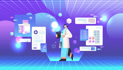 doctor in uniform wearing digital glasses vr vision headset innovation metaverse concept medicine healthcare concept