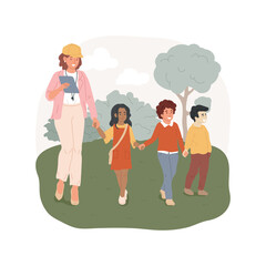 Chaperones isolated cartoon vector illustration. Adult supervisor leading children on the street, field trip security guard, kids walking together, chaperon for excursion vector cartoon.