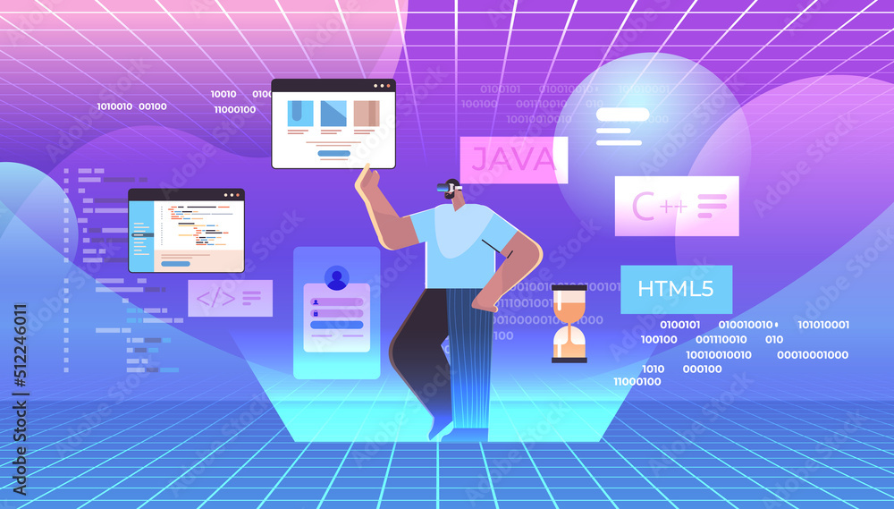 Poster web developer in digital glasses creating program code vr vision headset innovation metaverse concep