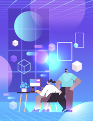 businesspeople in digital glasses working on computer at workplace in office vr vision headset innovation metaverse