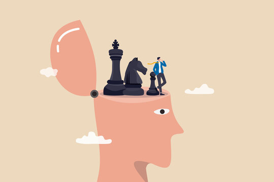 Strategic thinking to get business solution and win competition, leadership challenge to think about new idea, intelligence or wisdom for success, businessman thinking with chess piece on his head.