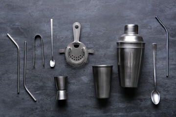 Bartender utensils on dark background