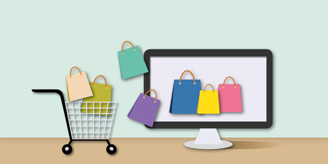 Desktop computer with shopping cart, colourful paper bags and box on pastel background. Online shopping concept. shadow overlay. copy space for the text. illustration paper cut design style.