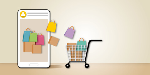 Smartphone with shopping cart and box on pastel background. Online sale or online shopping concept. shadow overlay. copy space for the text. illustration paper cut design style.