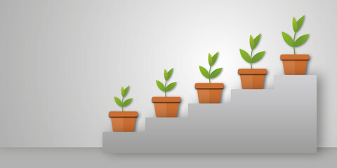 Growing plants in pots on stairs step and grey background as metaphor for business growth concept. shadow overlay. copy space for text. illustration paper cut design style.