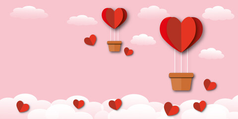 Red hearts with balloon and clouds on pink sky background. Greeting card for Valentine, Wedding, Mother's and Father's day, birthday, poster and postcard, love concept. copy space. paper art design.