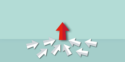 White arrows follow red arrow rising up on pastel wall background. Concept of following the leader straight to the goal, Business Unity or team and teamwork. copy space. illustration paper cut style.