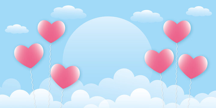 Pink balloon hearts with clouds on blue sky background. Greeting card for Valentine, Wedding, Mother's, Father's day, birthday, poster and postcard, banner love concept. copy space. design style.