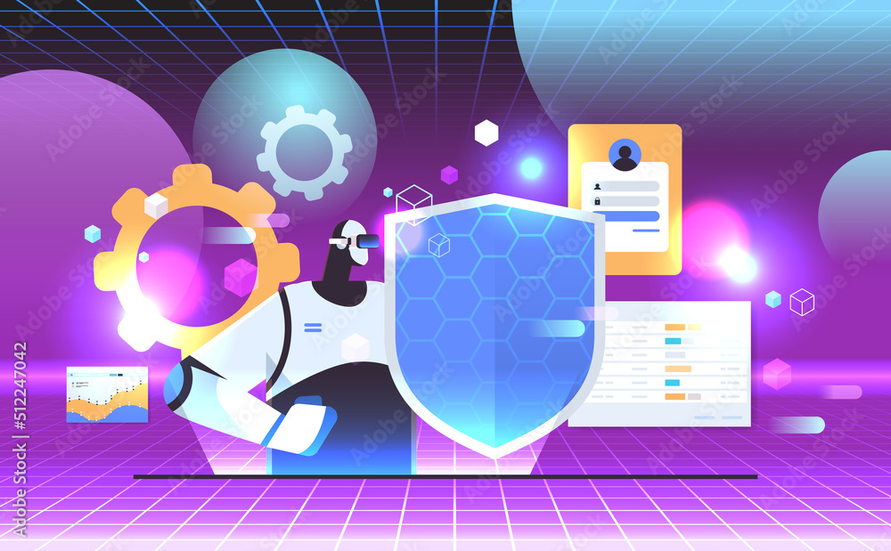 Poster robot in vr glasses holding shield web data security protection artificial intelligence virtual real