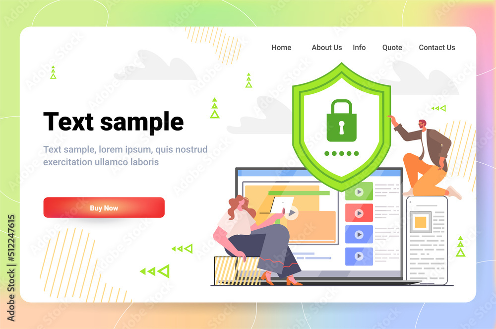 Poster businesspeople using computer app protection shield with padlock data security concept horizontal
