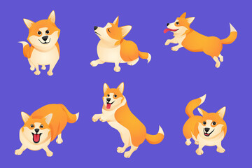 Obraz premium Cute dogs in different poses. corgi cartoon character.