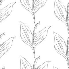 Seamless pattern Lily of the valley, Convallaria flower, line art muguet isolated on white background, botanical hand drawn vector illustration for design cosmetic, greeting card, wedding invite