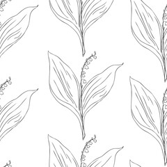 Obraz premium Seamless pattern Lily of the valley, Convallaria flower, line art muguet isolated on white background, botanical hand drawn vector illustration for design cosmetic, greeting card, wedding invite