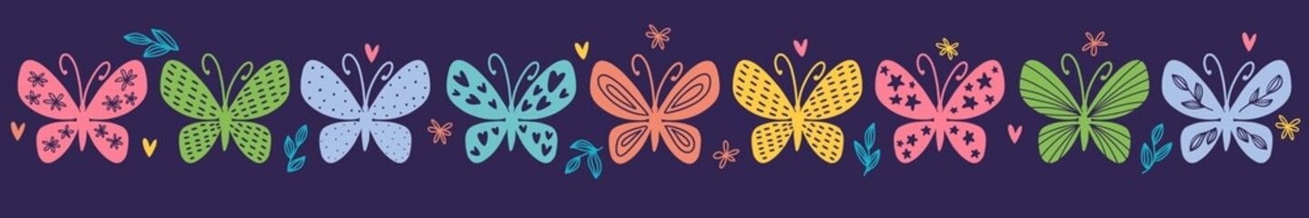 Horizontal illustration with a collection of hand-drawn butterflies