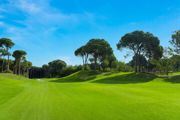 Fototapeta premium Scenic panoramic view of golf fairway at the golf course